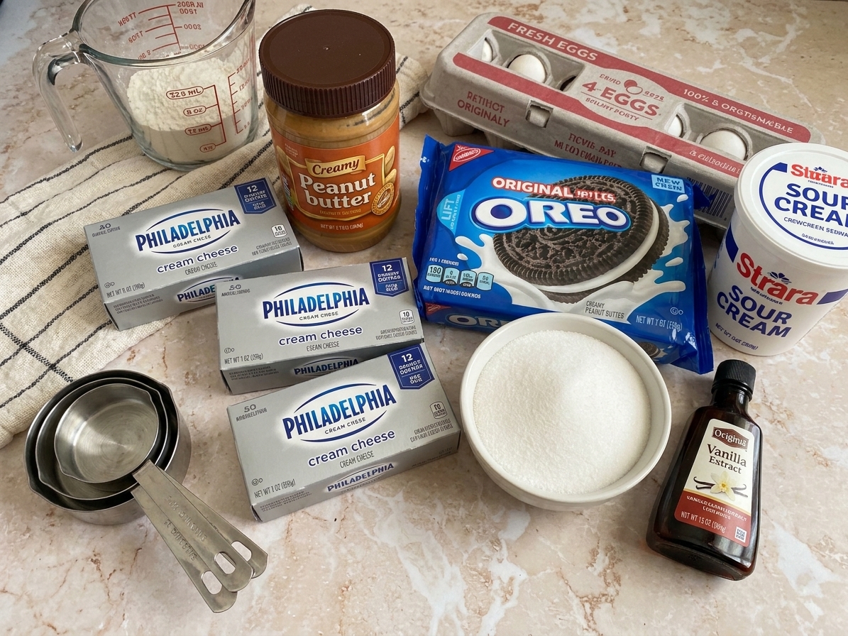 Cream cheese blocks, peanut butter, Oreos, eggs, sour cream, sugar, and vanilla arranged on a bright kitchen counter with measuring cups nearby