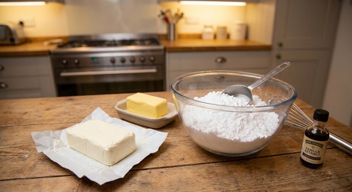 Cream cheese, butter, and powdered sugar measured on a clean counter, ready to make frosting