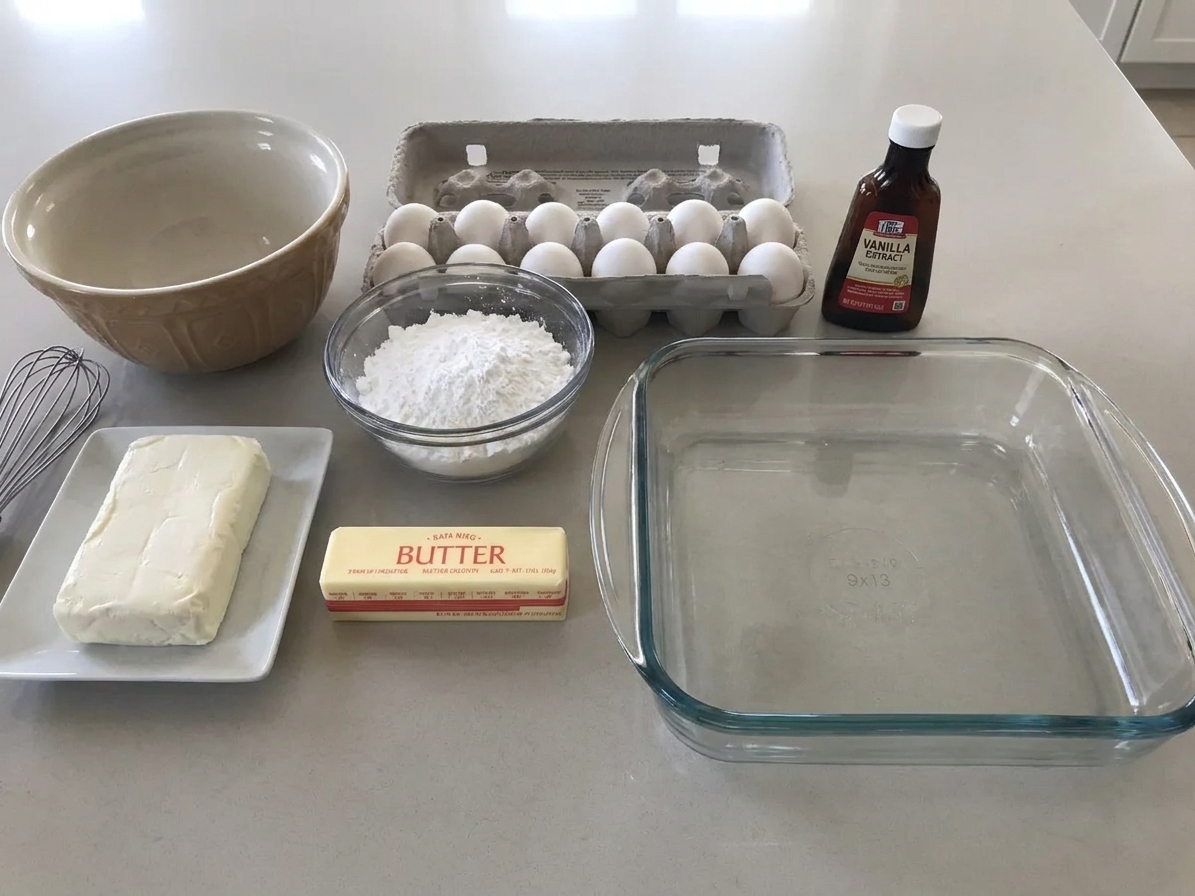 Cream cheese, butter, powdered sugar, eggs, and vanilla arranged on a clean kitchen counter with a 9x13 baking dish nearby