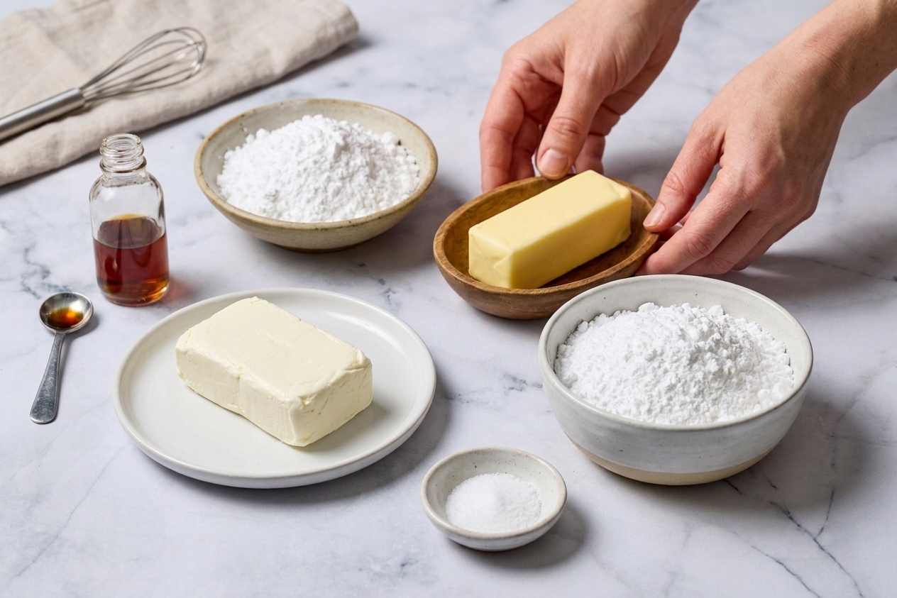 Cream cheese, butter, powdered sugar, vanilla, and salt measured out on a tidy kitchen counter, ready to make icing