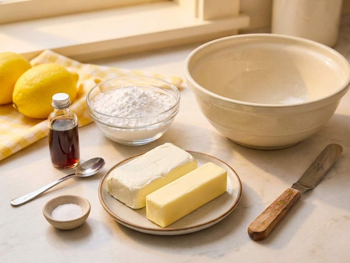Cream cheese, butter, powdered sugar, vanilla extract, and a pinch of salt arranged on a bright kitchen counter before mixing