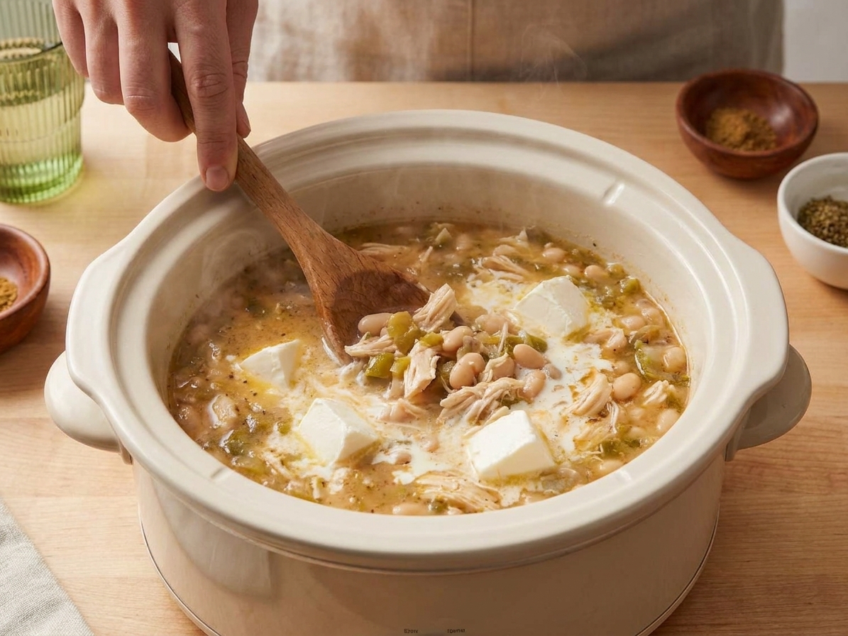 Cream cheese cubes melting into white chicken chili inside a slow cooker while being stirred with a wooden spoon