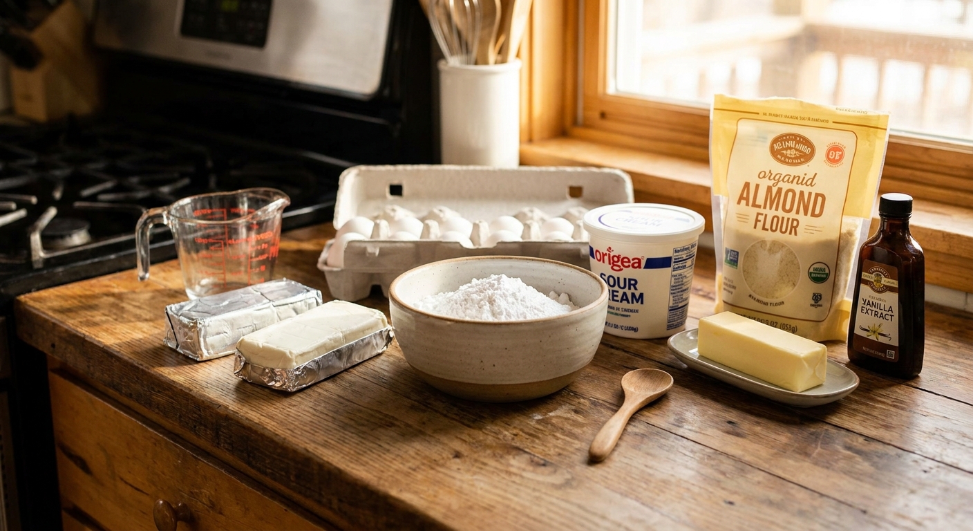 Cream cheese, eggs, sour cream, almond flour, butter, vanilla, and a bowl of powdered sweetener arranged on a kitchen counter