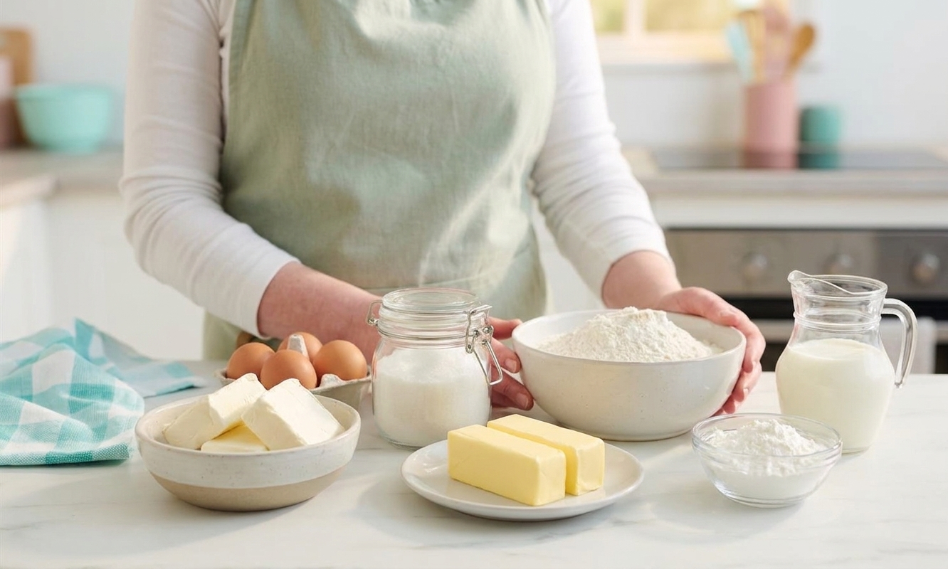 Cream cheese, eggs, sugar, butter, milk, flour, and cornstarch arranged on a bright kitchen counter, ready for baking