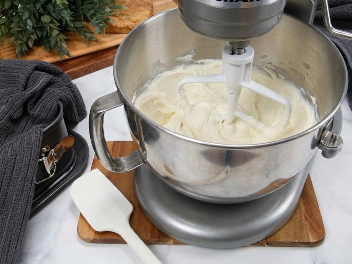Cream cheese filling being mixed in a stand mixer bowl with a spatula nearby on a home kitchen counter