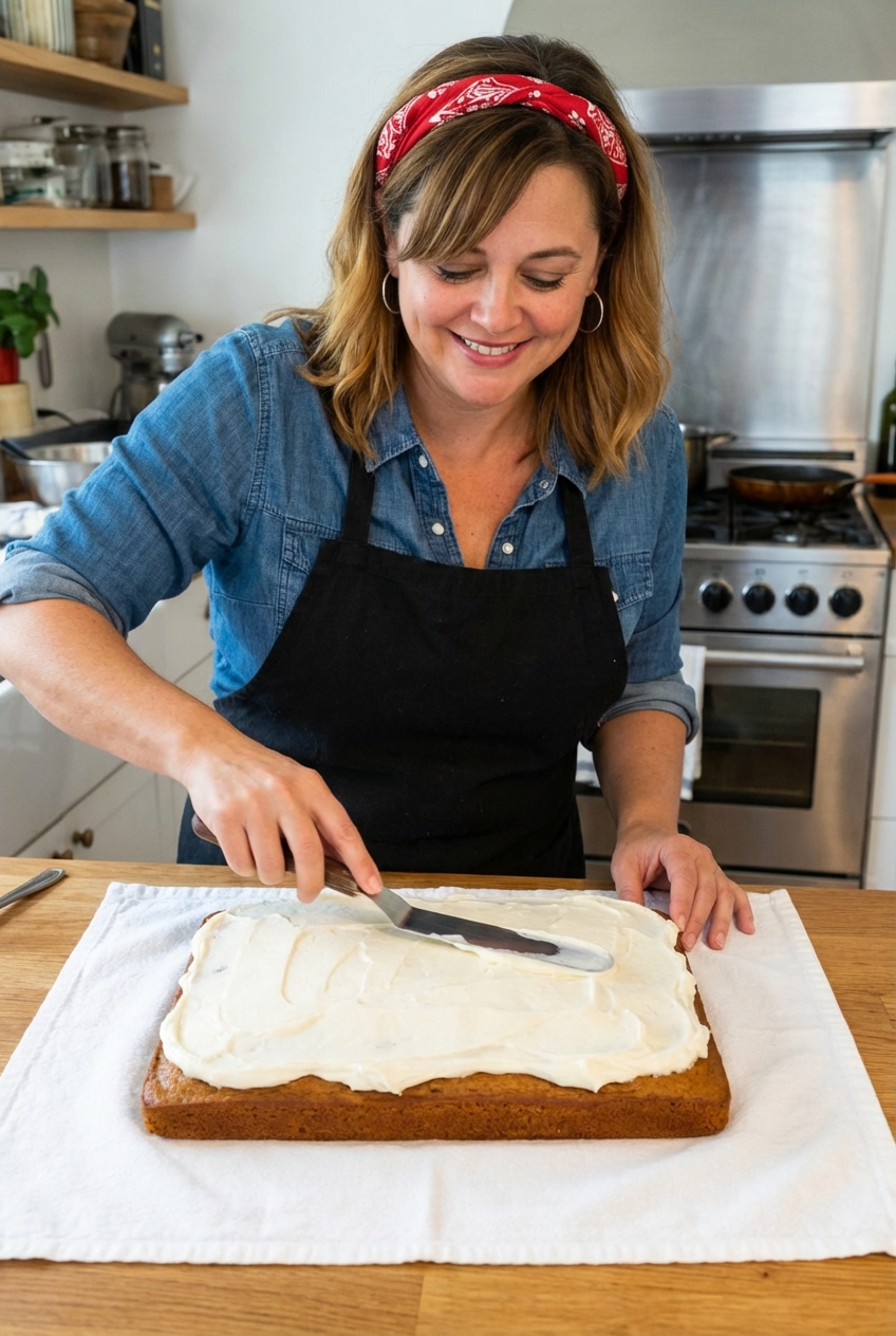 Cream cheese filling being spread evenly over a cooled pumpkin sheet cake on a towel