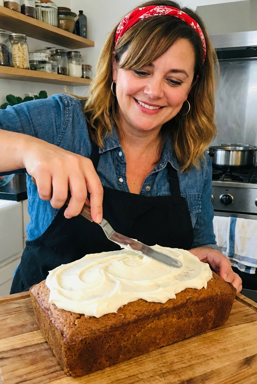 Cream cheese frosting being spread in a thick layer over a spiced loaf cake