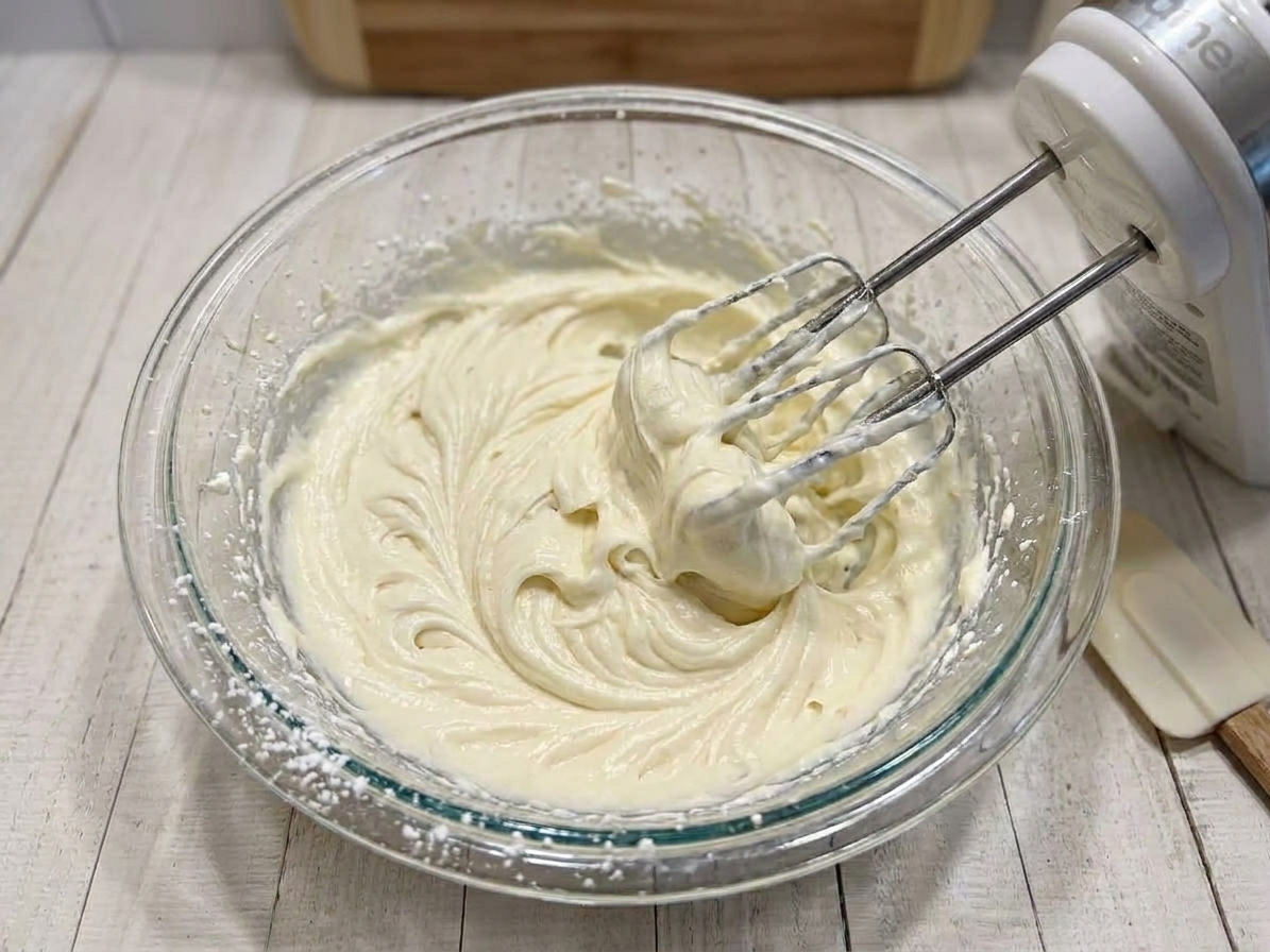 Cream cheese frosting being whipped in a mixing bowl with a hand mixer, thick and creamy texture visible