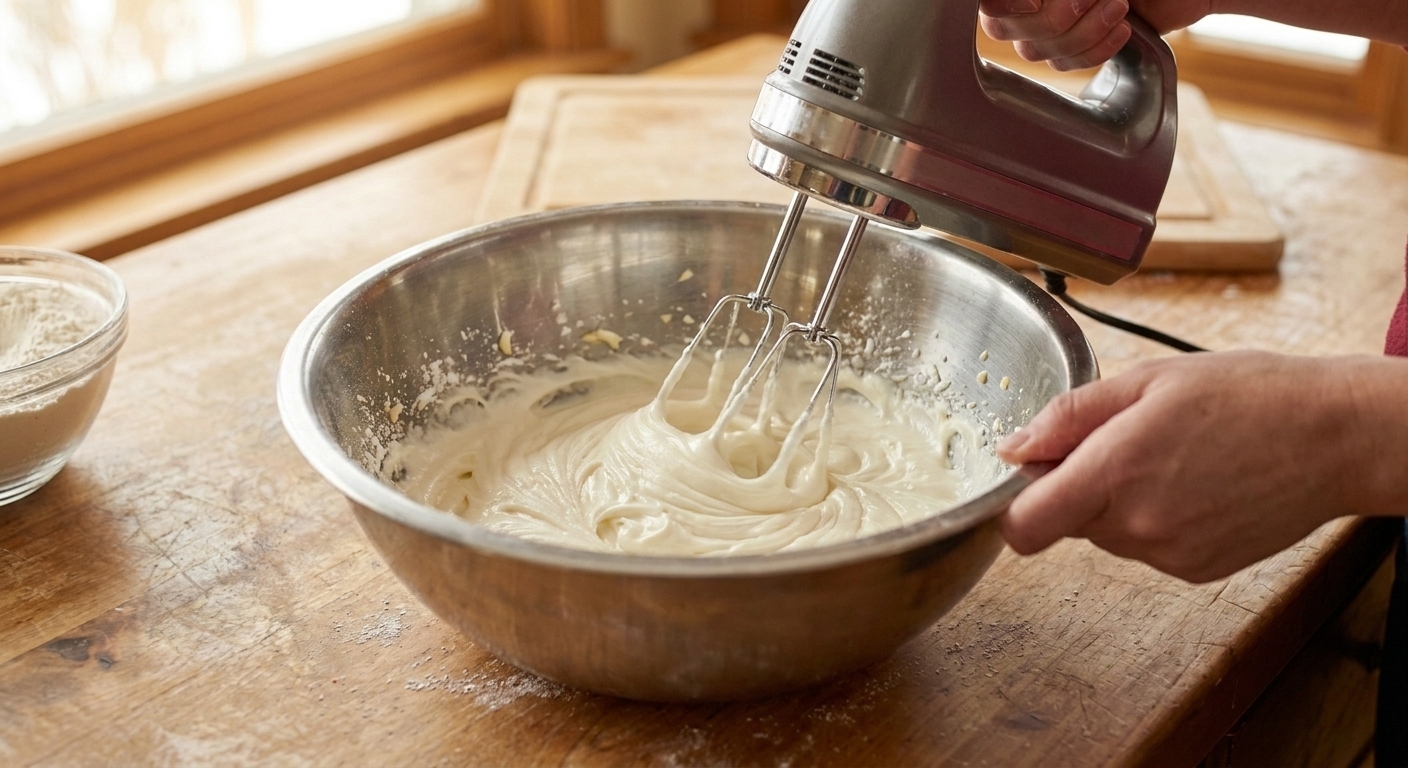 Cream cheese frosting being whipped in a stainless steel mixing bowl with a hand mixer on a kitchen counter