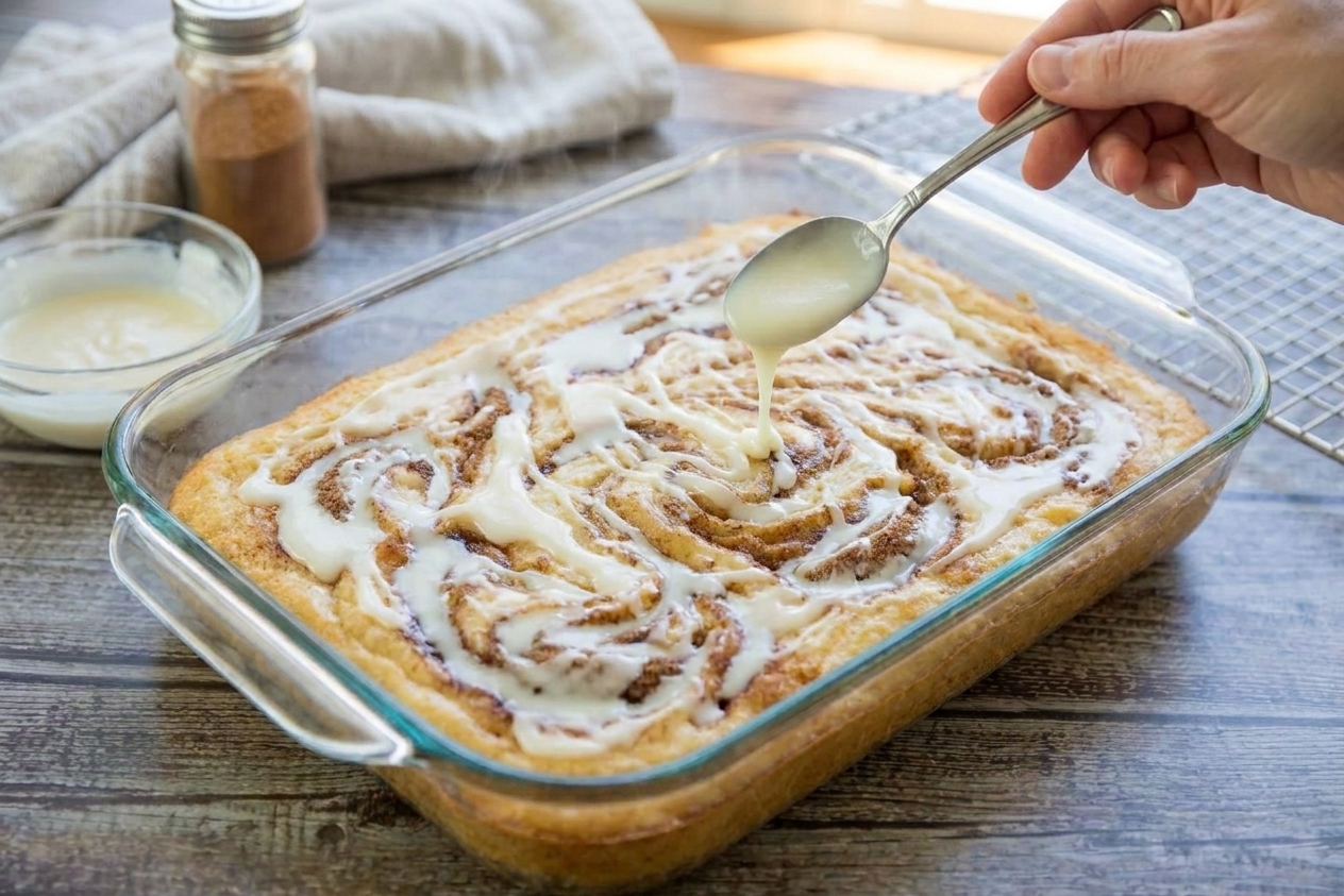 Cream cheese glaze being drizzled over warm cinnamon roll cake in the baking dish on a kitchen counter