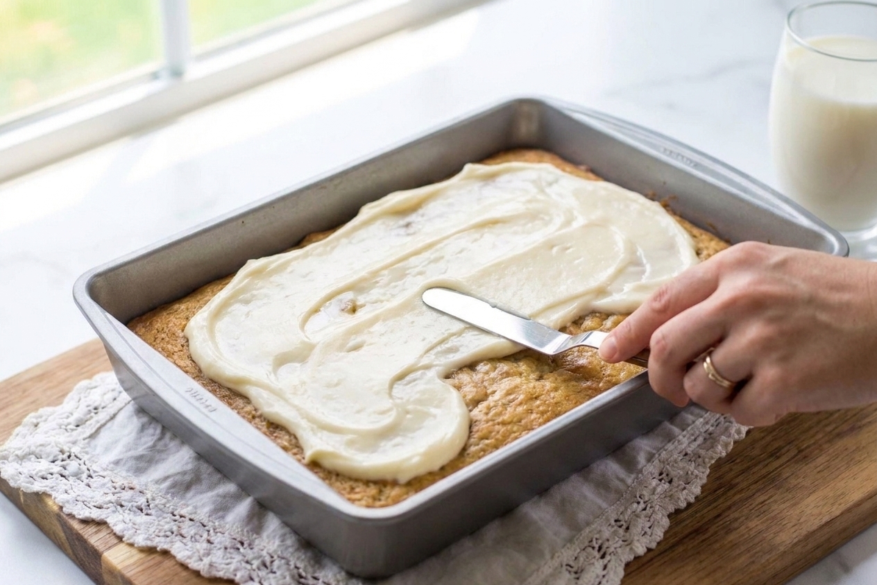 Cream cheese glaze being spread over cooled banana bars in a baking pan using an offset spatula