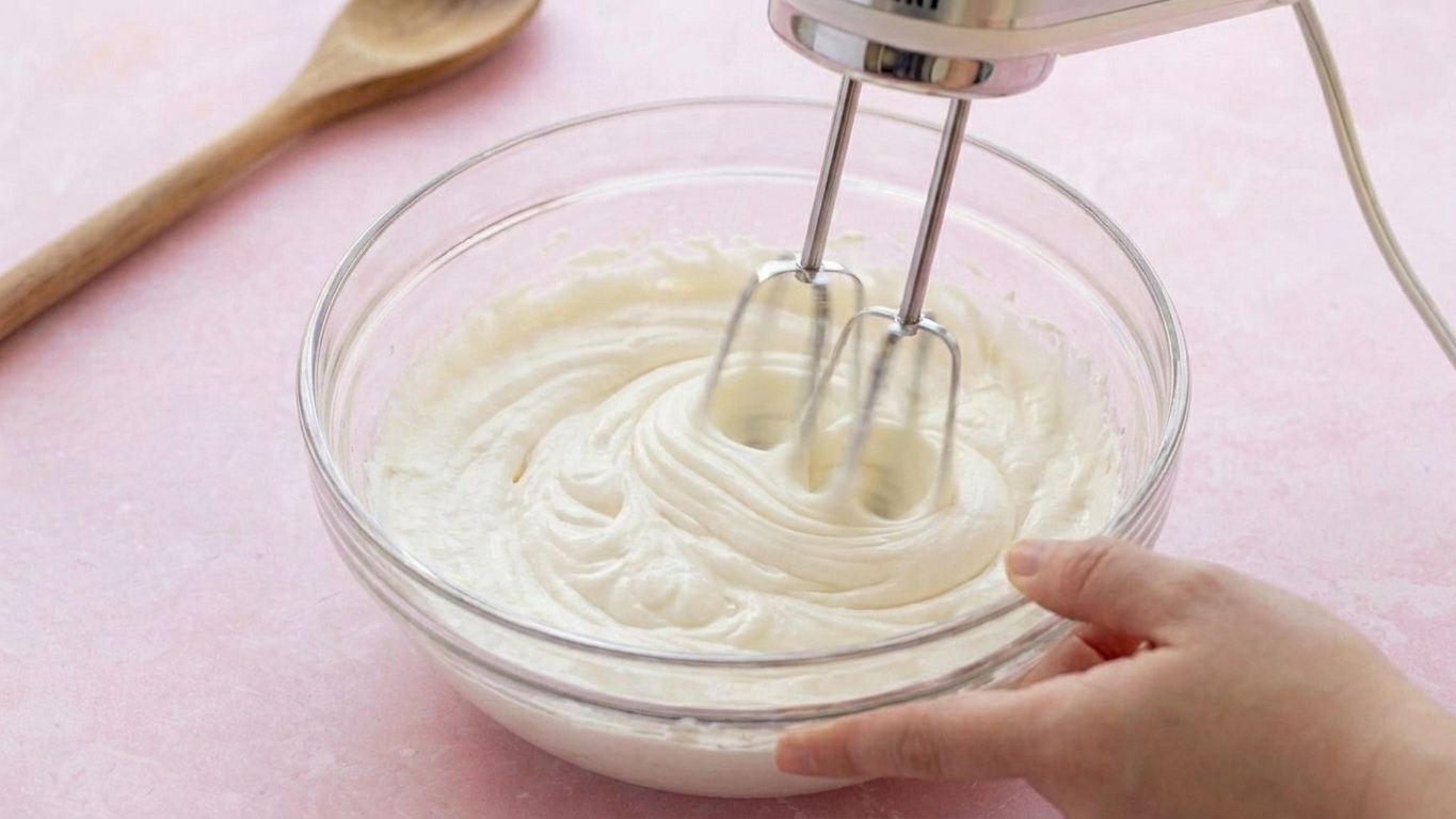 Cream cheese mixture being beaten in a mixing bowl with a hand mixer until smooth and creamy