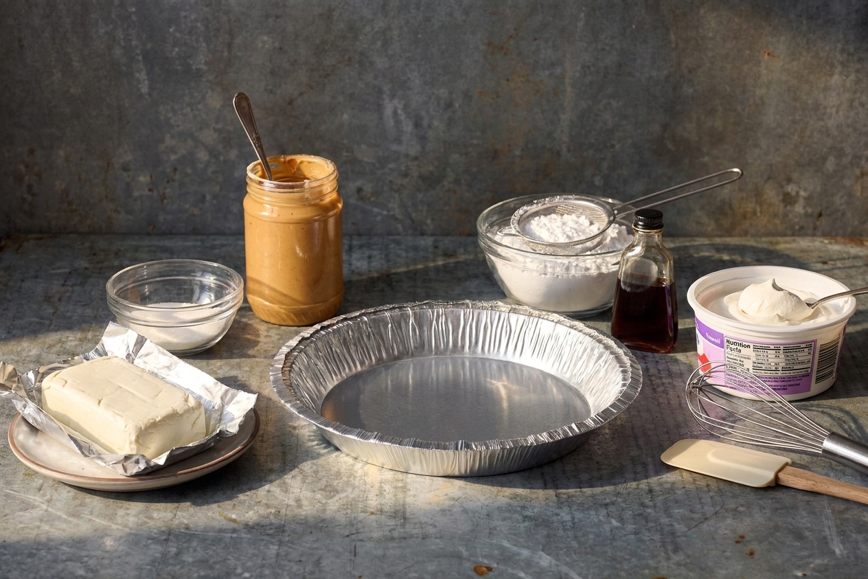 Cream cheese, peanut butter, powdered sugar, vanilla, and whipped topping arranged on a clean kitchen counter with a pie dish