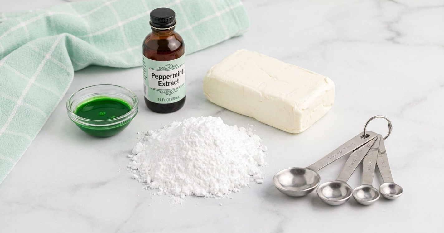 Cream cheese, powdered sugar, peppermint extract, and a small bowl of food coloring set on a bright kitchen counter with measuring spoons