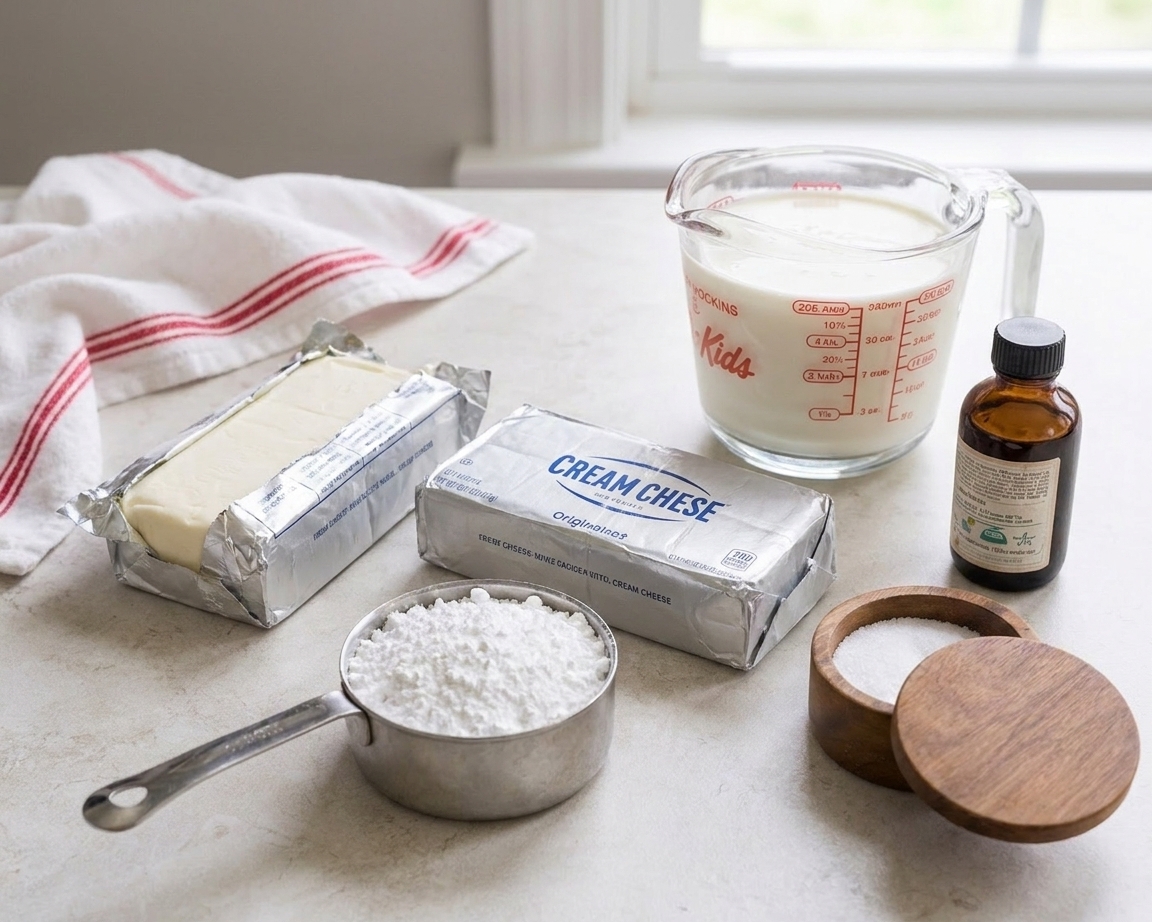 Cream cheese, powdered sugar, vanilla extract, and a small bowl of salt arranged beside a measuring cup of heavy cream on a kitchen counter