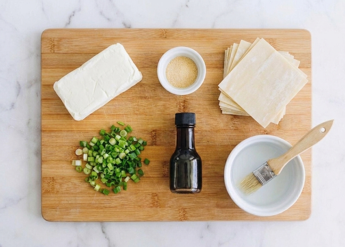 Cream cheese, scallions, garlic powder, soy sauce, wonton wrappers, and a small bowl of water arranged on a clean kitchen counter with warm lighting