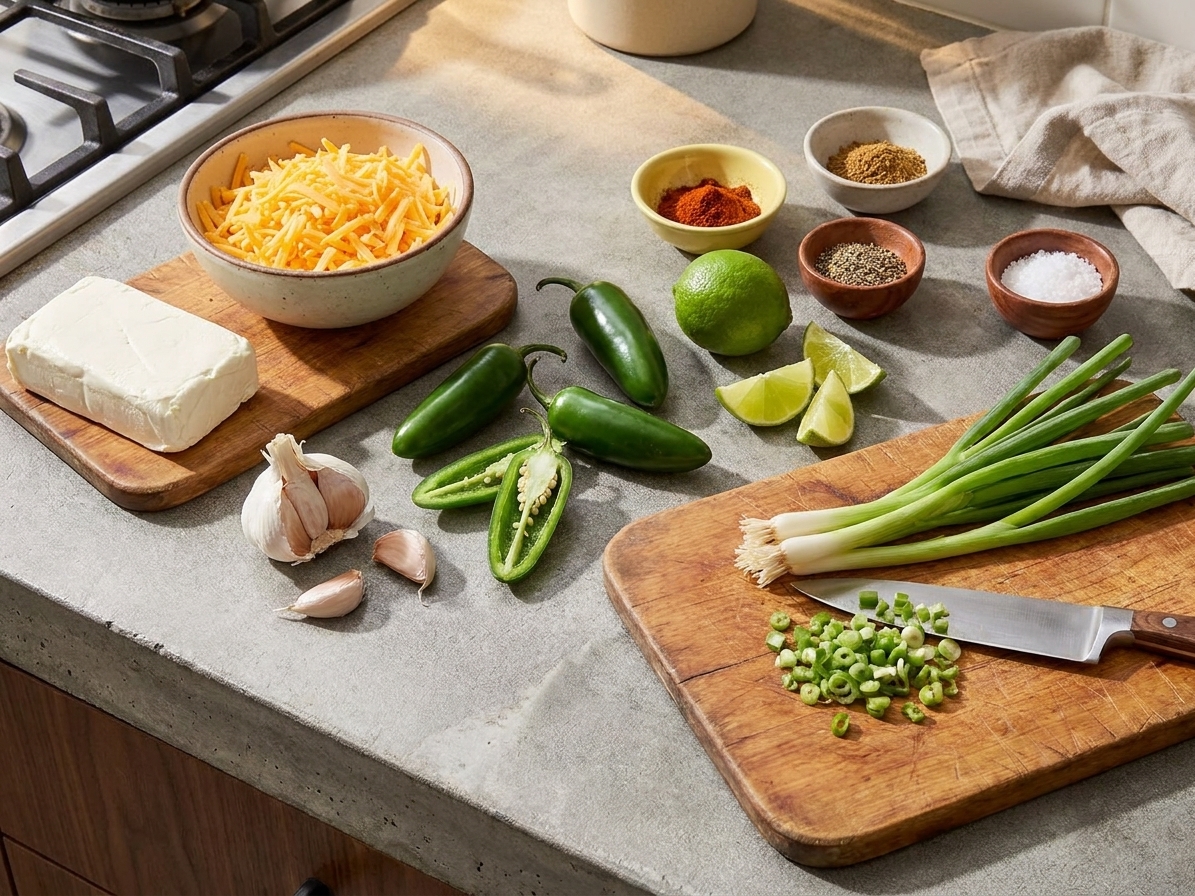 Cream cheese, shredded cheddar, fresh jalapeños, garlic, lime, scallions, and spices arranged on a tidy kitchen counter in consistent warm lighting