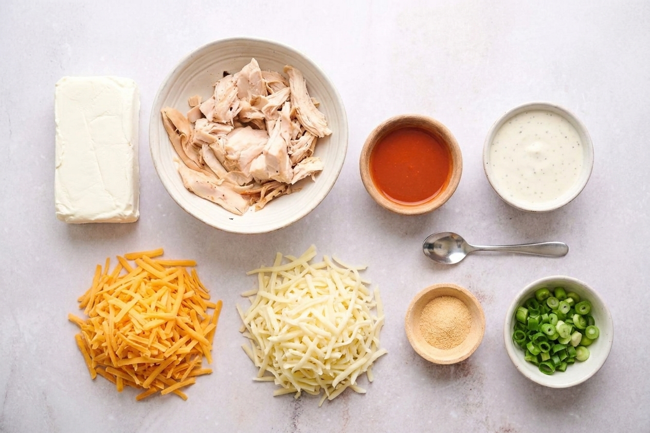 Cream cheese, shredded cooked chicken, Buffalo hot sauce, ranch dressing, shredded cheddar, shredded mozzarella, garlic powder, and sliced green onions arranged on a clean kitchen counter