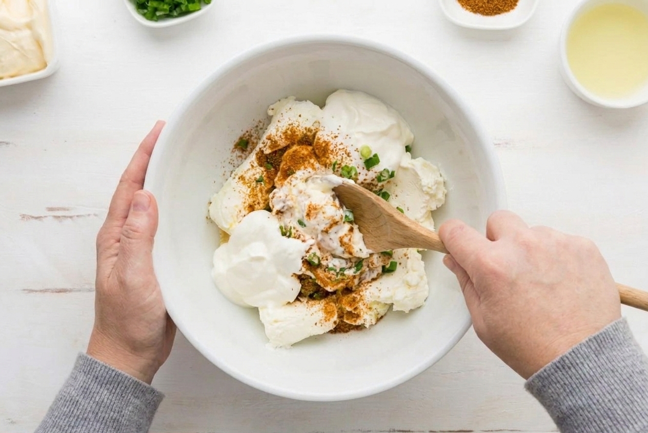 Cream cheese, sour cream, and seasonings being stirred together in a mixing bowl on a kitchen counter