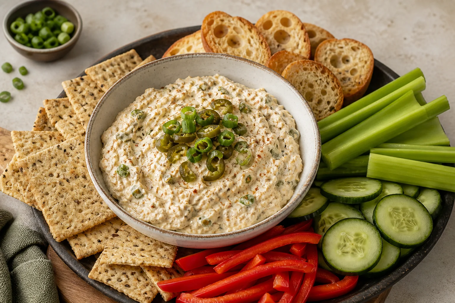 Cream cheese, sour cream, shredded cheddar, cooked crumbled bacon, sliced scallions, and spices arranged on a light stone kitchen counter with small prep bowls