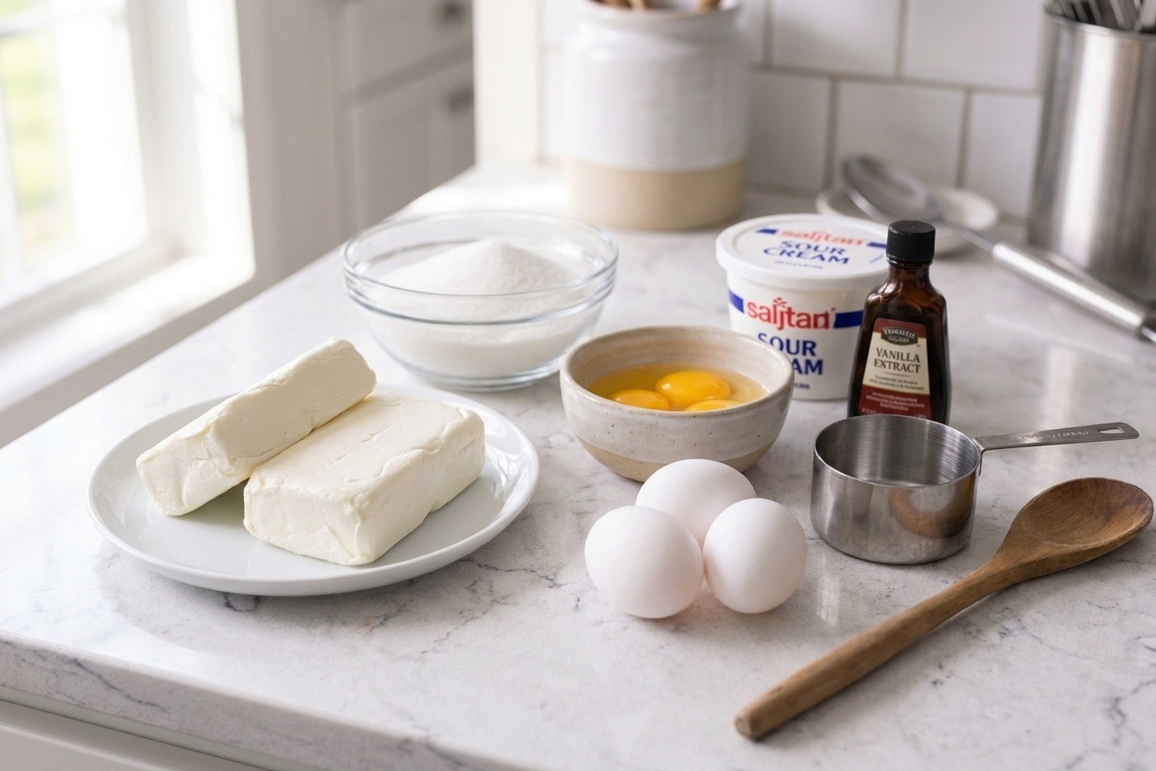 Cream cheese, sugar, eggs, sour cream, and vanilla arranged on a clean kitchen counter, ready to make cheesecake filling