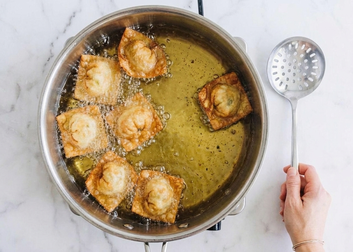 Cream cheese wontons frying in a pot of hot oil with active bubbling, a slotted spoon resting nearby on the stovetop