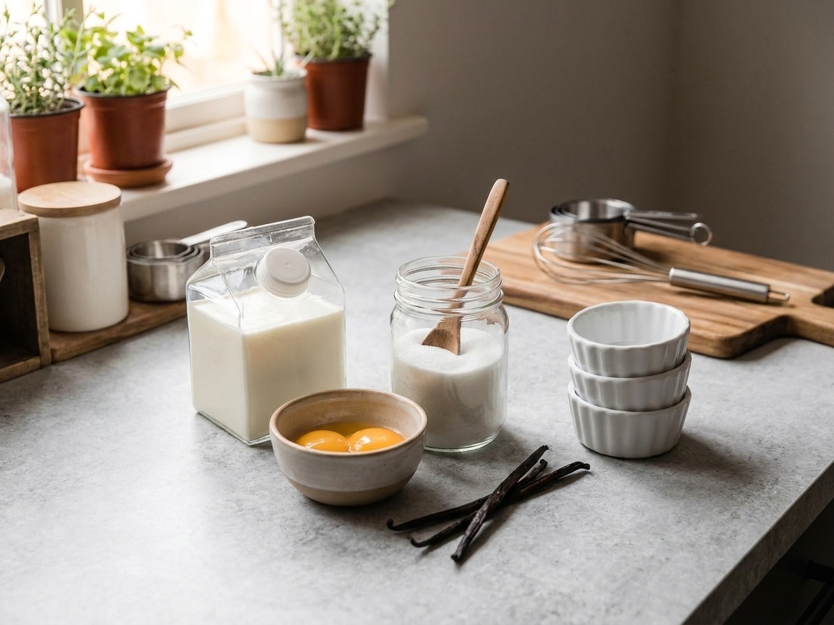 Cream, egg yolks, sugar, vanilla, and ramekins arranged on a clean kitchen counter in soft natural light
