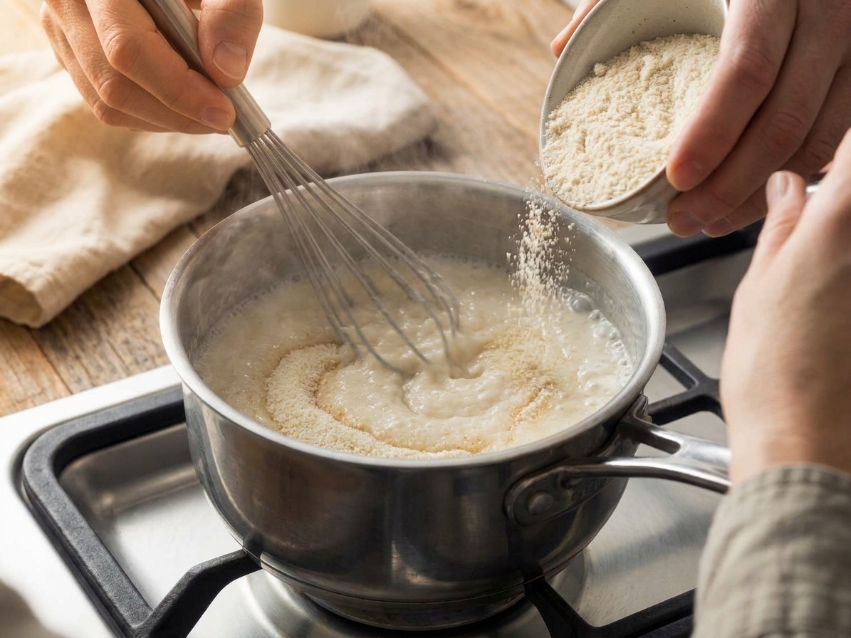 Cream of Wheat is sprinkled into a saucepan while being whisked, creating a smooth porridge as it thickens