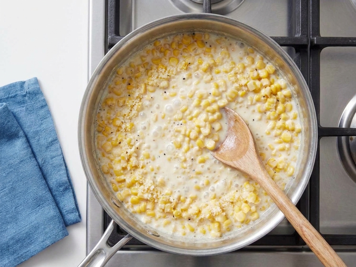 Cream-style corn simmering in a saucepan on the stove, creamy sauce bubbling gently around whole corn kernels