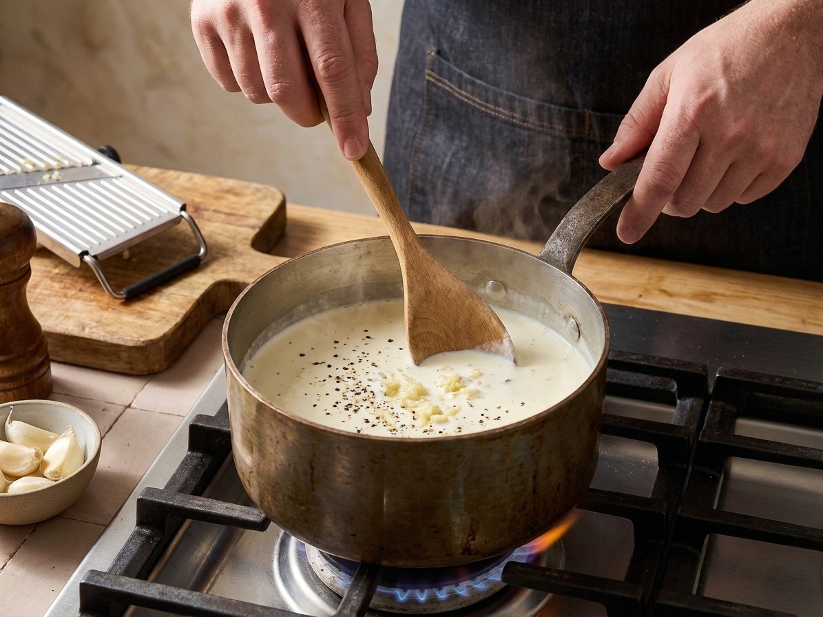 Cream warming in a saucepan with grated garlic and black pepper
