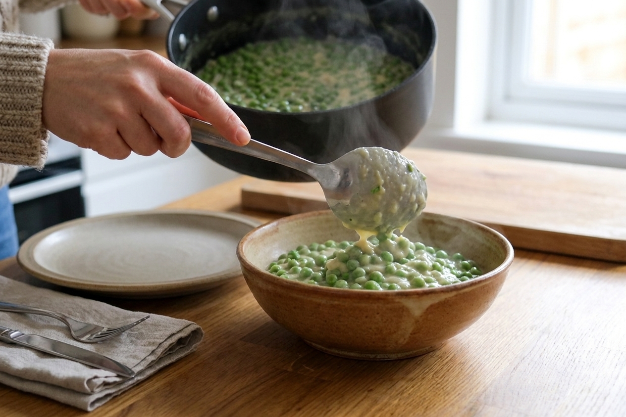 Creamed peas being spooned into a warm serving bowl on a kitchen table with a simple weeknight place setting