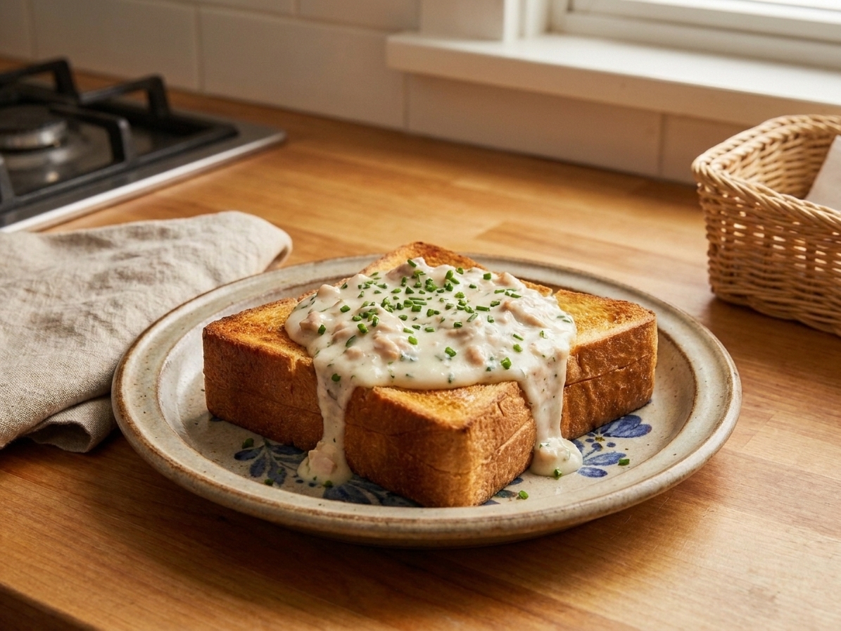 Creamed tuna in a peppery white sauce spooned over crisp toast on a simple plate at a kitchen table