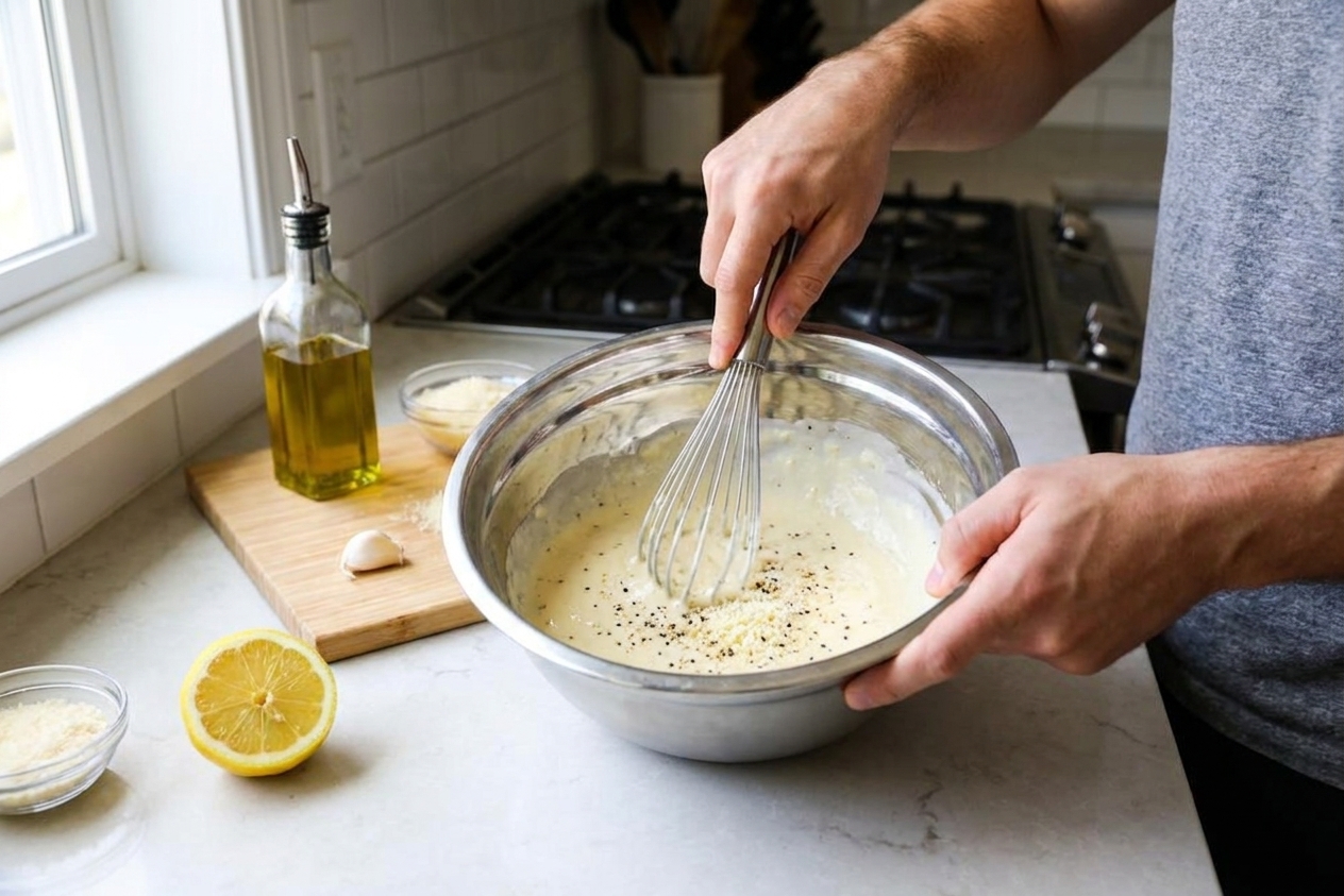 Creamy Caesar dressing being whisked in a stainless steel mixing bowl on a bright kitchen counter