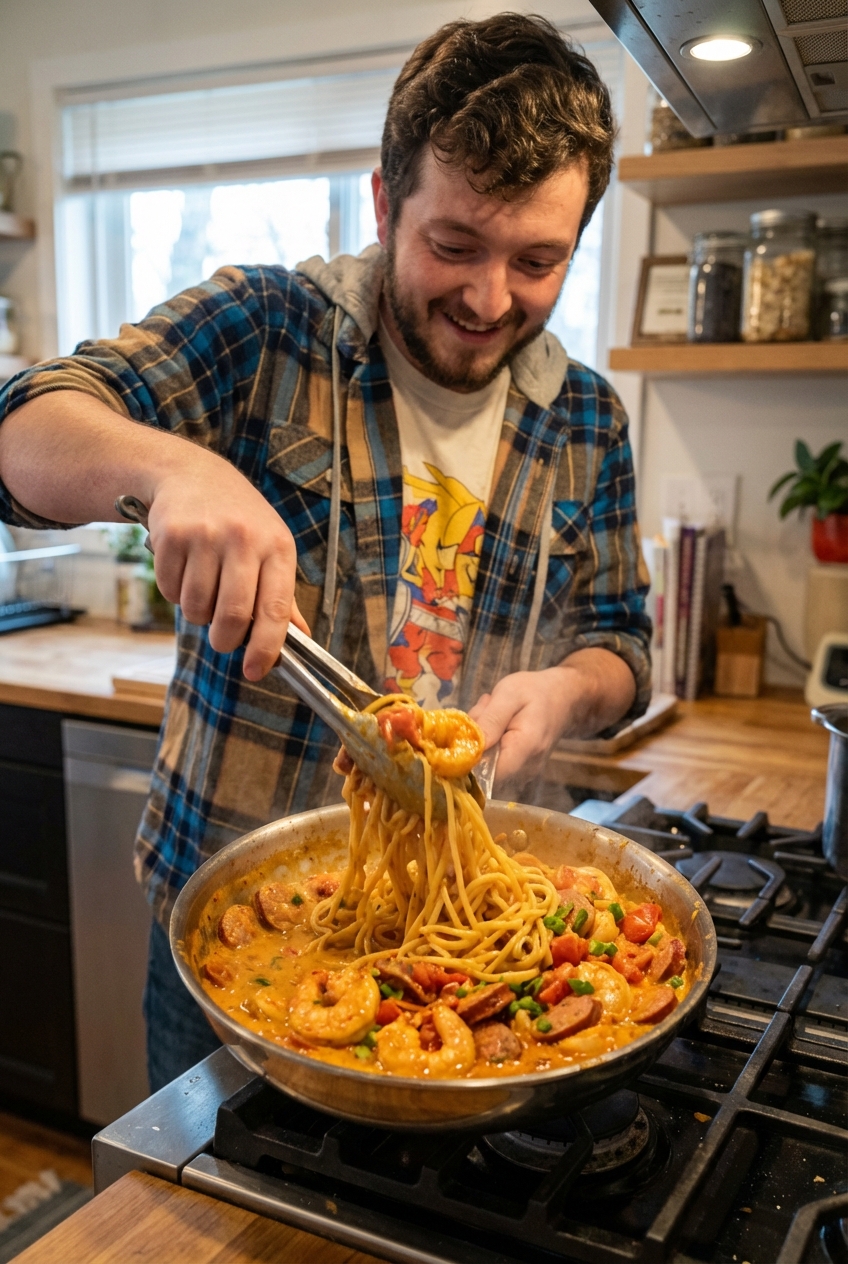 Creamy Cajun shrimp pasta being tossed in a skillet with tongs