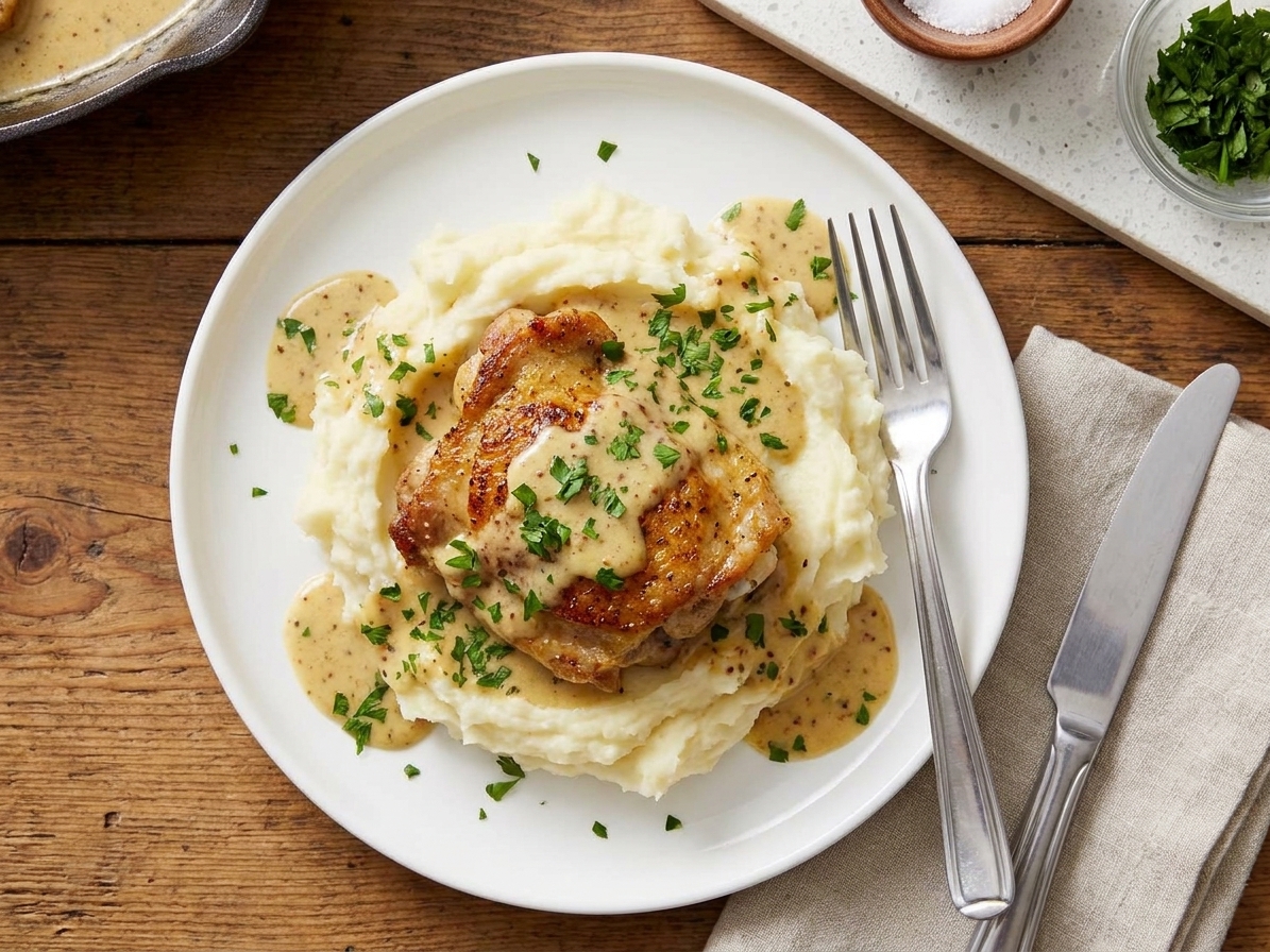 Creamy Dijon chicken served over mashed potatoes with parsley on top on a simple dinner table