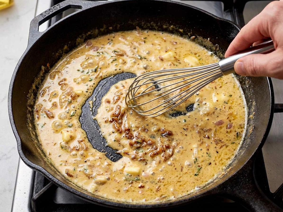 Creamy Dijon pan sauce being whisked in a skillet with browned bits incorporated on a home stove