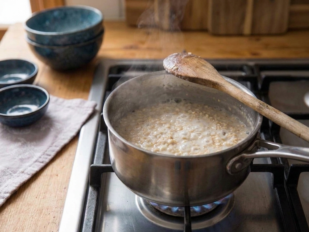 Creamy Irish oats simmering in a saucepan with a wooden spoon resting on the rim
