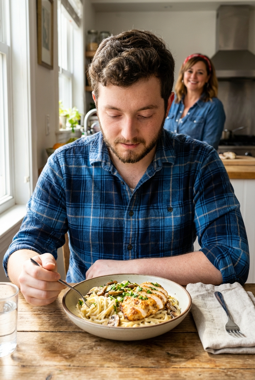 Creamy Parmesan pasta in a shallow bowl topped with sliced golden chicken, sautéed mushrooms, and fresh parsley on a wooden table with soft window light