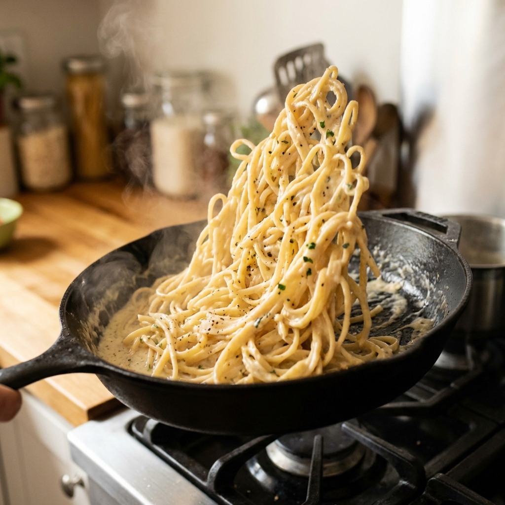 Creamy Parmesan pasta tossed in a skillet