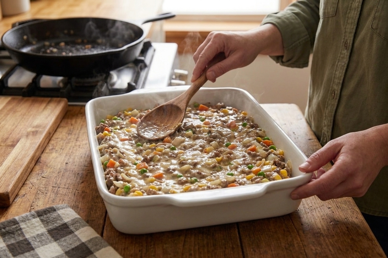 Creamy beef and vegetable filling spread evenly in a rectangular baking dish on a kitchen counter