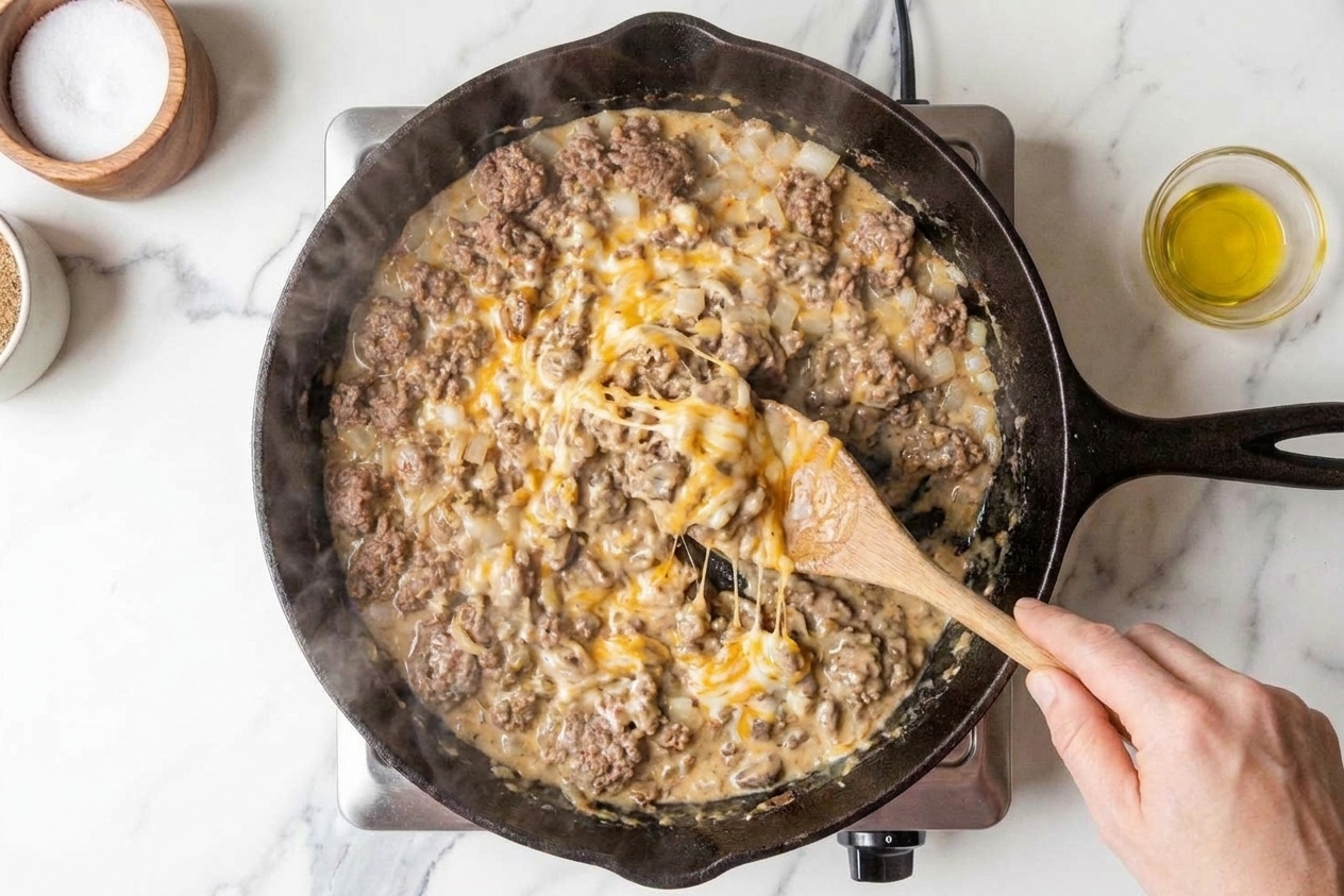 Creamy beef and vegetable mixture being stirred in a skillet, thick and glossy with melted cheese