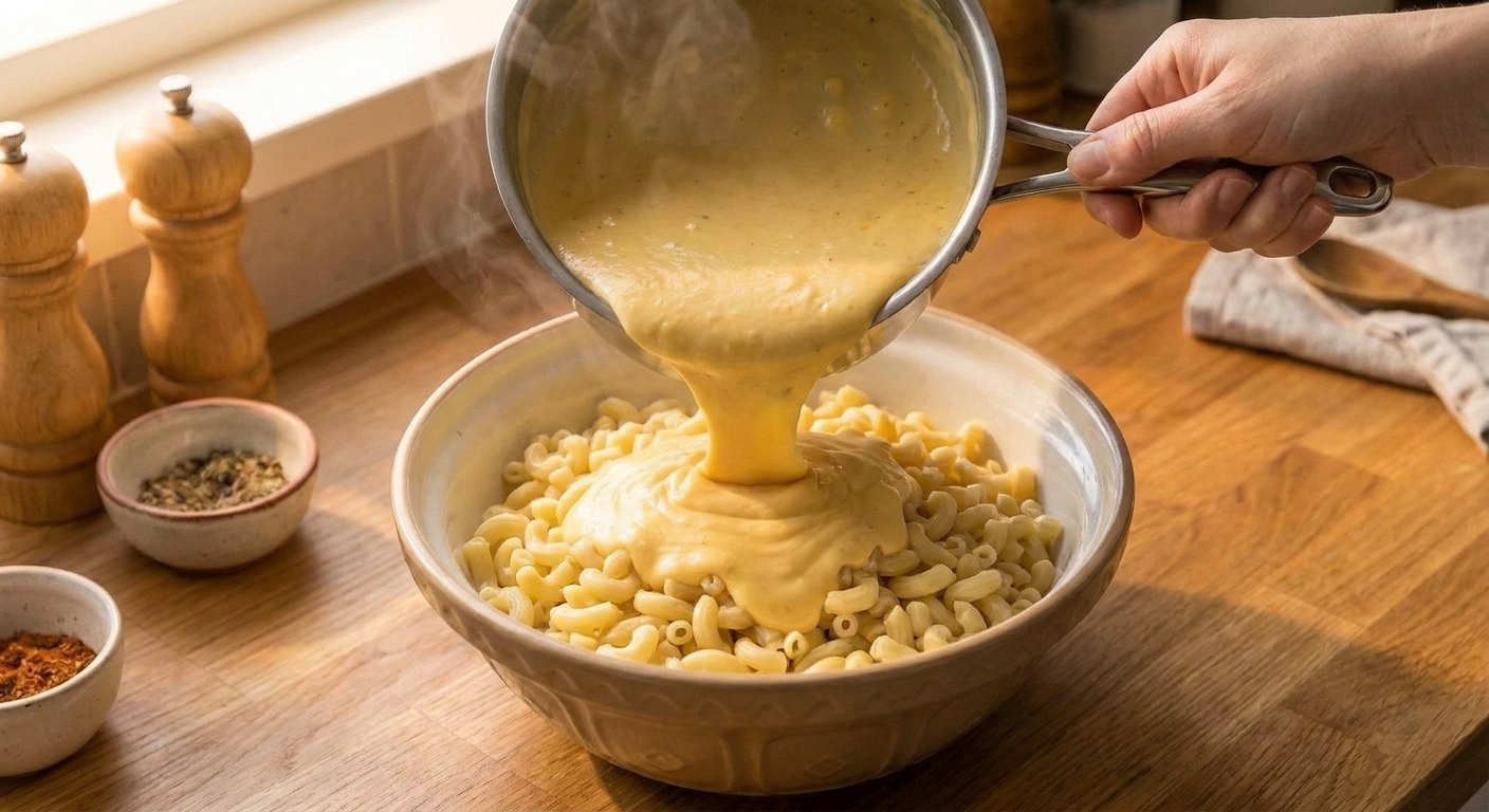 Creamy cheese sauce being poured over cooked macaroni in a large mixing bowl on a kitchen counter