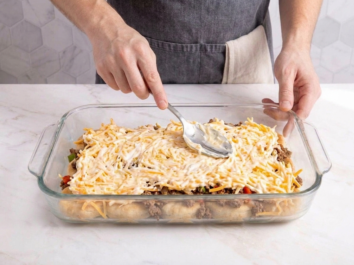 Creamy cheese topping being spread across the top of an assembled casserole in a baking dish before going into the oven