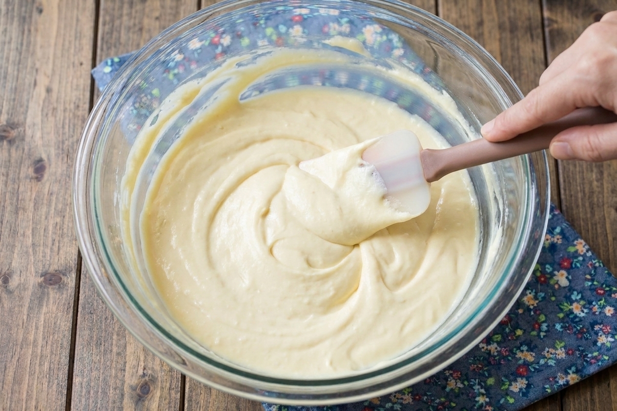 Creamy cheesecake batter in a mixing bowl with a spatula scraping the sides on a clean kitchen counter