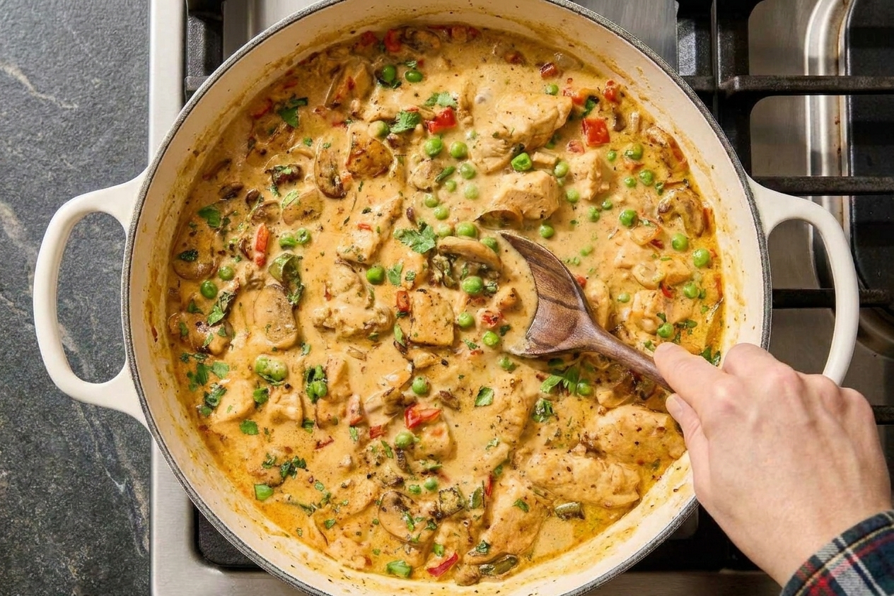 Creamy chicken à la king sauce simmering in a skillet with visible mushrooms, peas, and diced peppers
