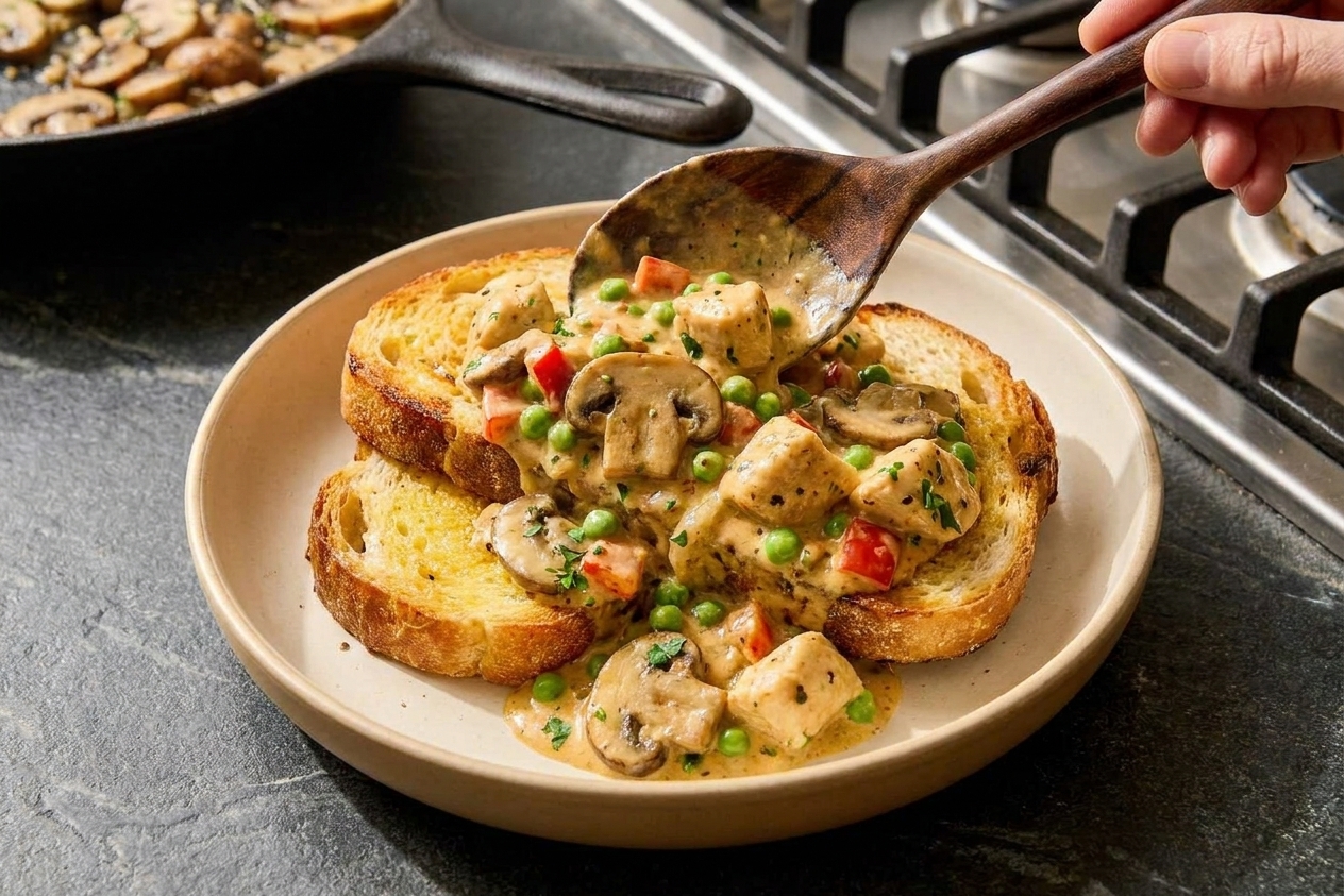 Creamy chicken à la king spooned over buttered toast on a plate at a kitchen counter