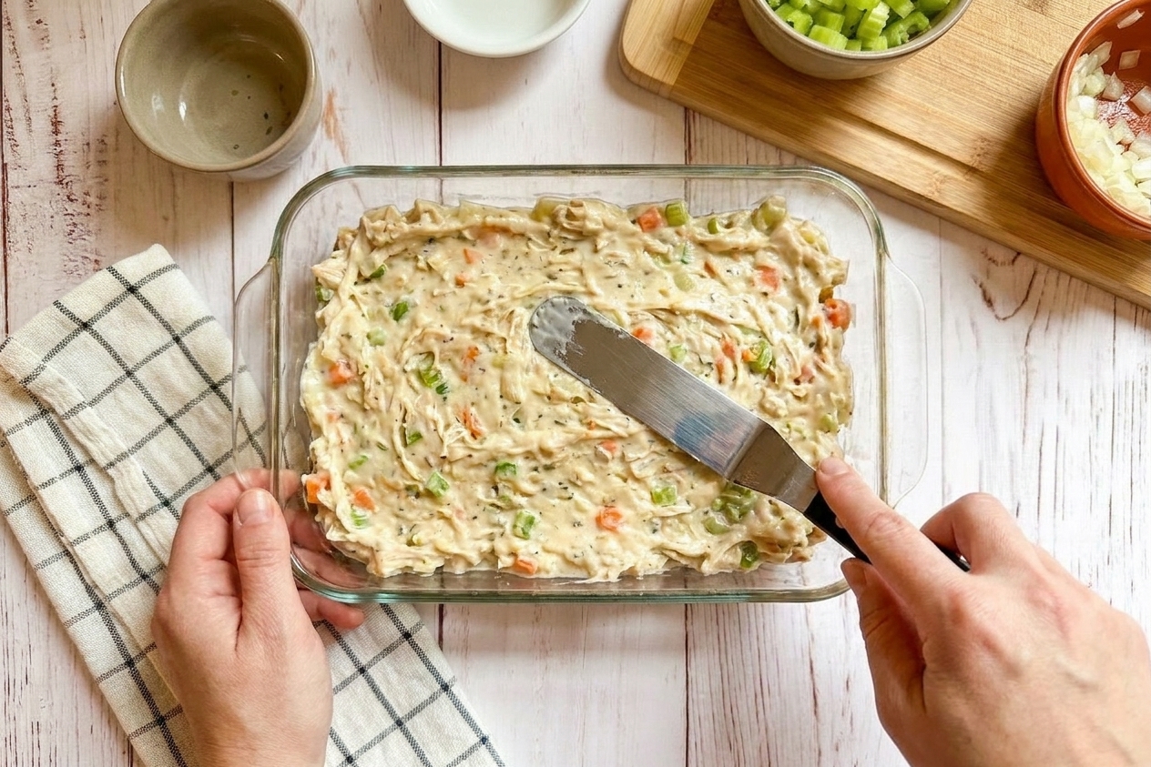 Creamy chicken and vegetable filling being spread evenly in a glass baking dish with a spatula on a kitchen counter
