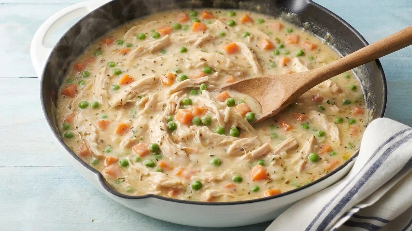 Creamy chicken and vegetable filling simmering in a skillet with a wooden spoon stirring