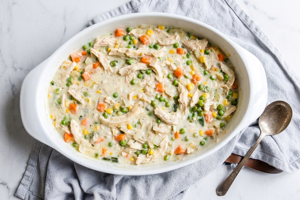 Creamy chicken and vegetable filling spread evenly in a rectangular baking dish before adding biscuit topping