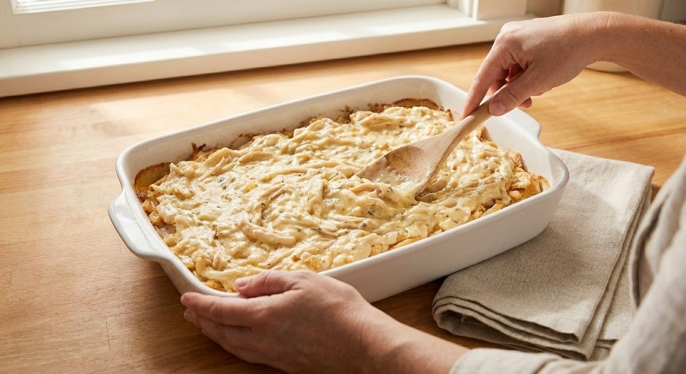 Creamy chicken casserole filling being spread evenly into a rectangular baking dish with a spatula